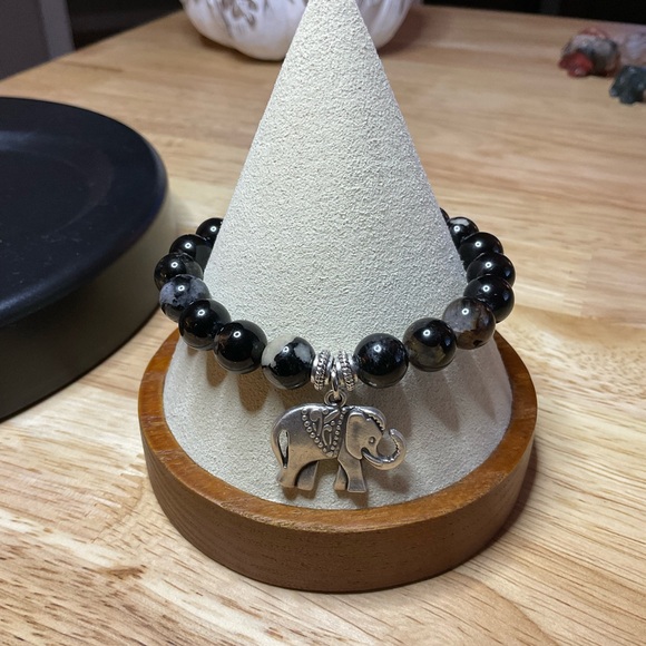 Black Tourmaline (8 mm)with Silver Elephant Charm and Spacers - Picture 4 of 7